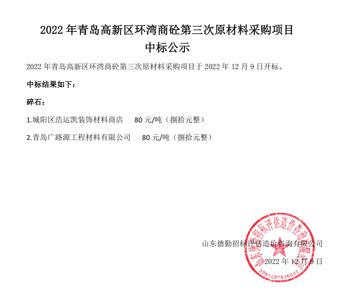 2022年青島高新區(qū)環(huán)灣商砼第三次原材料采購(gòu)項(xiàng)目-中標(biāo)公示